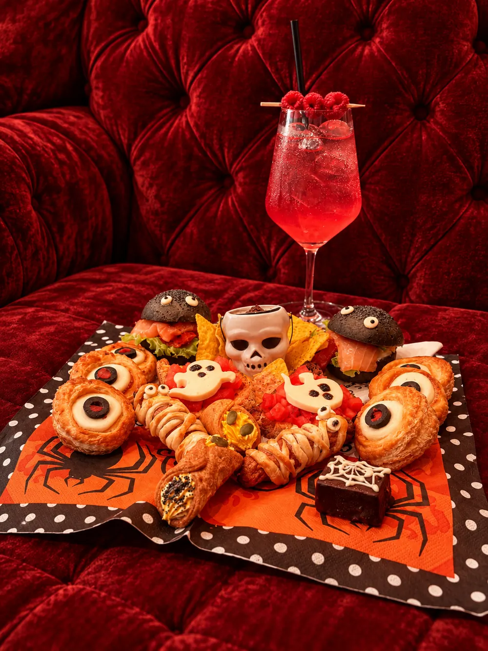 Vassoio salato dell'aperitivo di Halloween al Café du Globe di Pistoia, con mini burger, involtini a forma di mummia e decorazioni a tema su velluto rosso