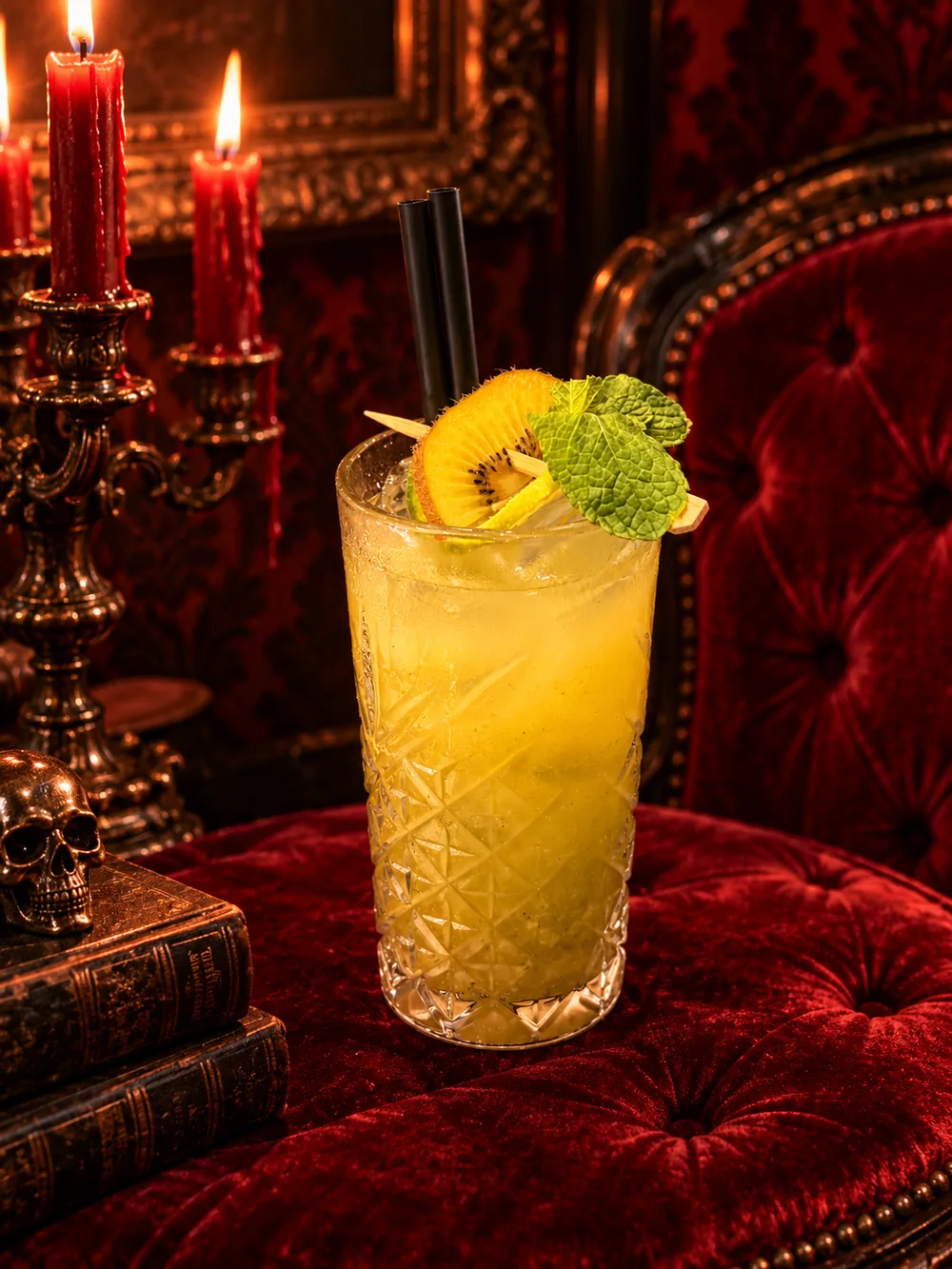 Cocktail dai toni gialli con kiwi e menta, uno dei drink dell'aperitivo di Halloween al Café du Globe di Pistoia
