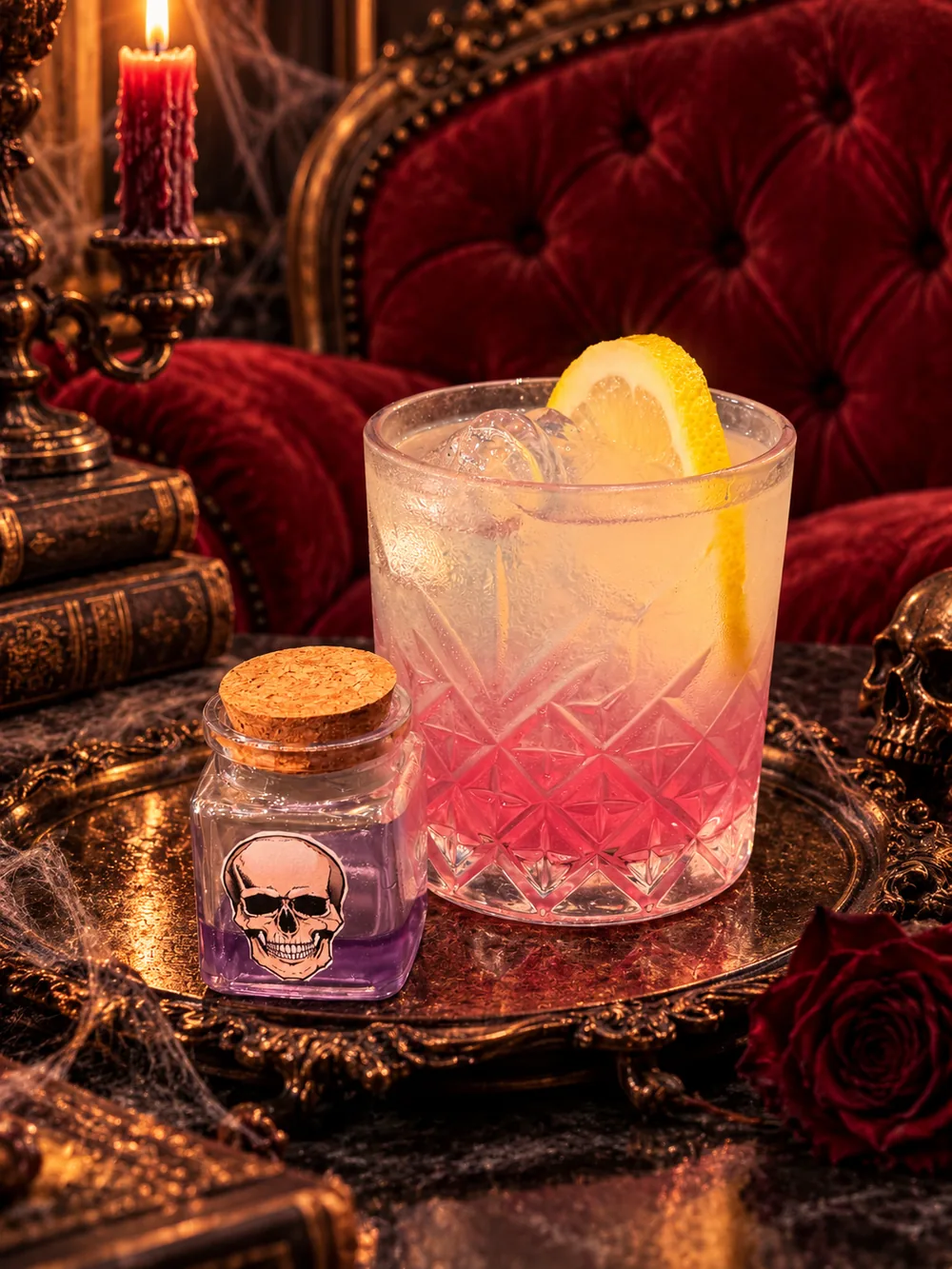 Drink dell'aperitivo di Halloween al Café du Globe di Pistoia, servito in atmosfera gotica con candele e decorazioni a teschio