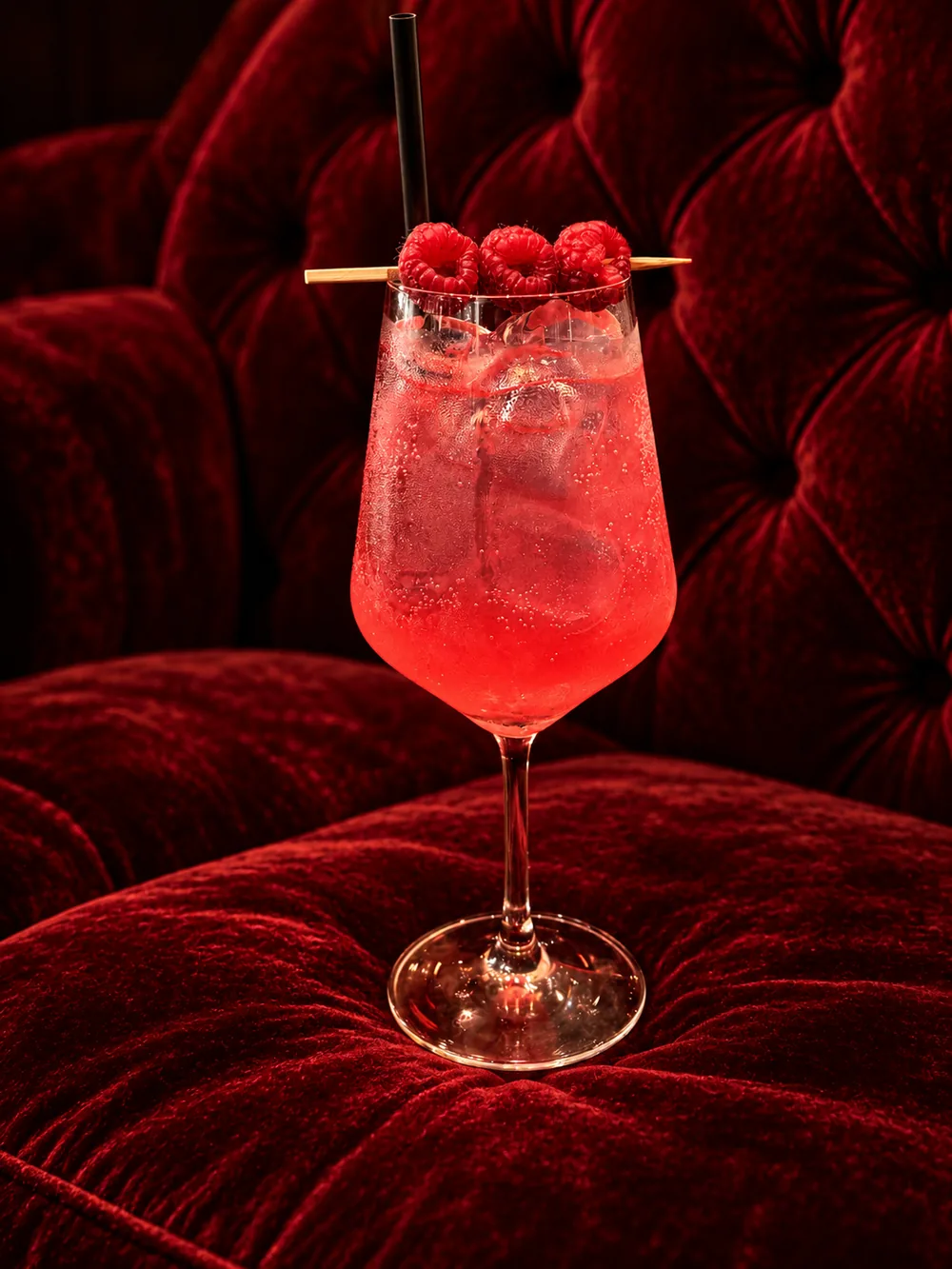 Cocktail rosso guarnito con lamponi su velluto rosso, drink dell'aperitivo di Halloween al Café du Globe di Pistoia