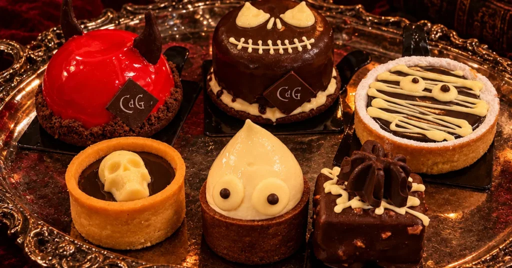 Dolci a tema Halloween del Café du Globe su vassoio d'argento con candele, aperitivo di Halloween a Pistoia.
