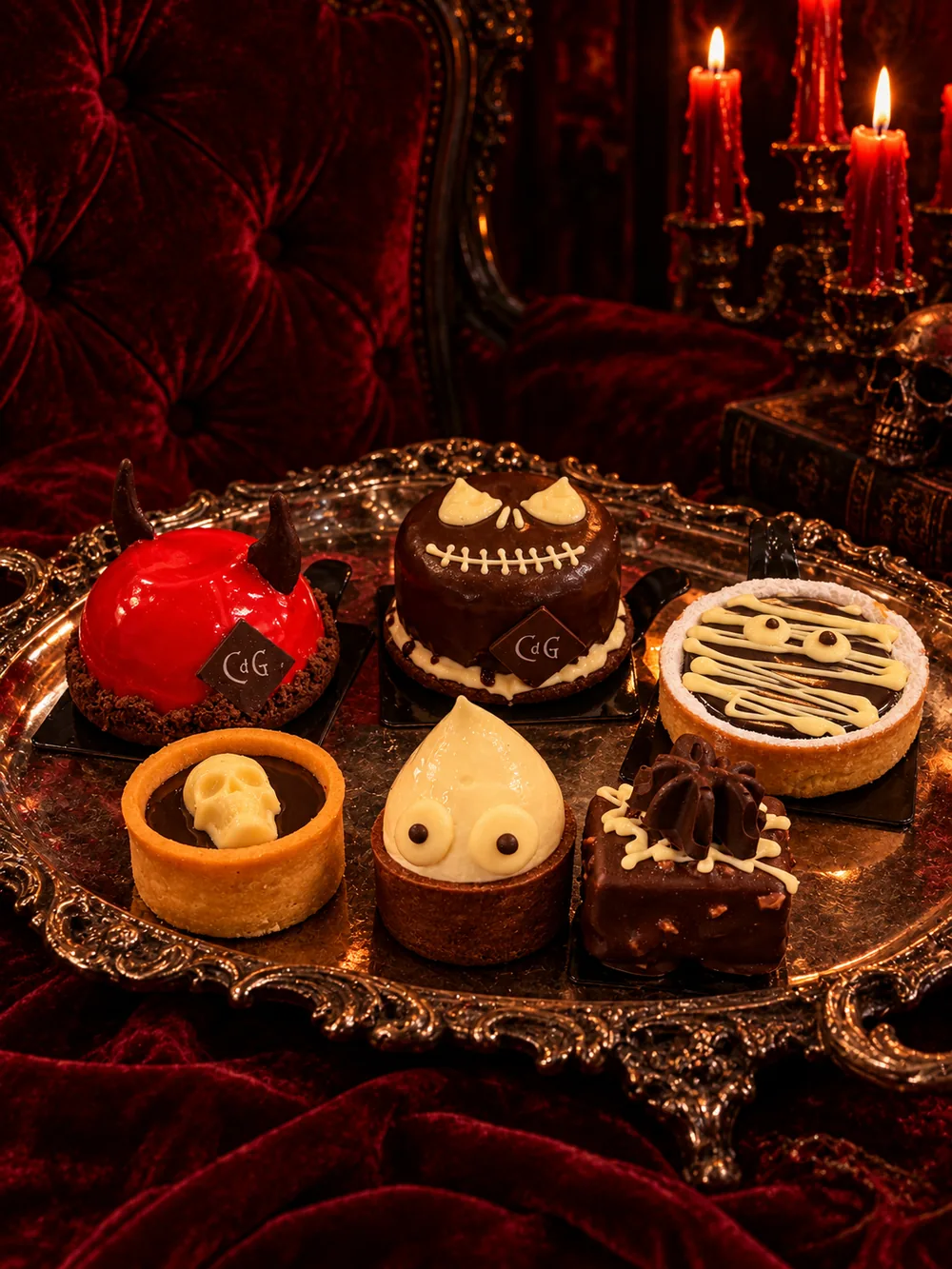 Selezione di dolci a tema Halloween del Café du Globe, tra cui teschio, diavoletto e fantasmino, su vassoio d'argento con candele