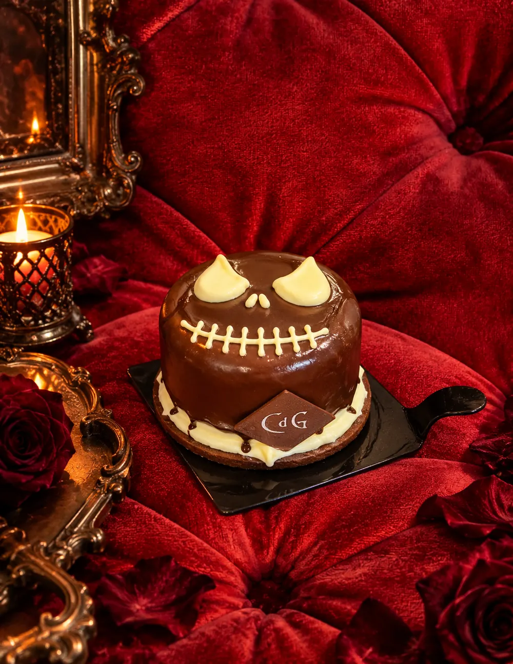Torta monoporzione a forma di teschio con il marchio Café du Globe, dolce di Halloween della pasticceria di Pistoia